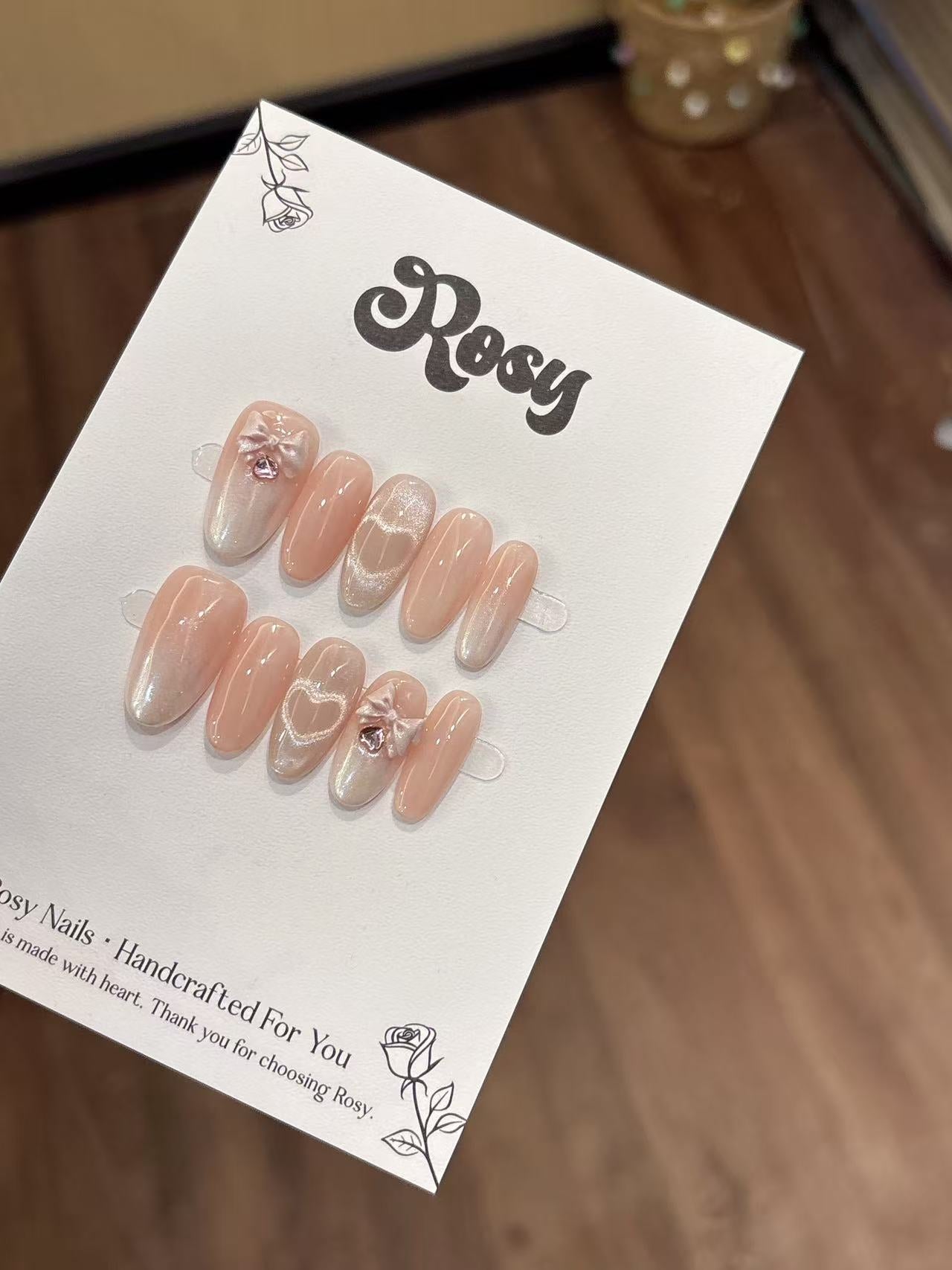 Blush Heart Ribbon 腮紅愛心蝴蝶結韓系穿戴甲 Rosy Nails 香港