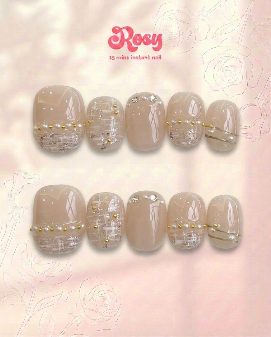 Soft Mocha Tweed 摩卡小香風 Tweed 韓系穿戴甲 Rosy Nails 香港
